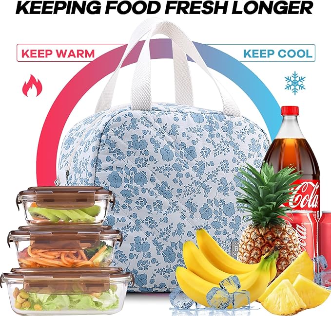 Insulated Lunch Bag for Women – Stylish Reusable Lunch Tote, Cute Thermal Lunch Bags for for Work&Picnic&Travel – Premium Insulated Lunch Bag for Women with Quilted Design (CottonBlueFlower)