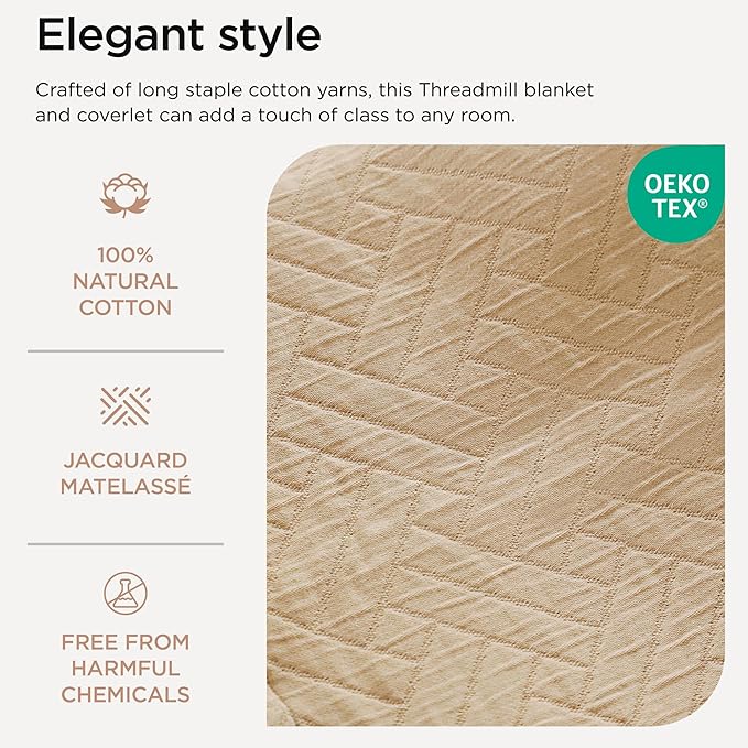 Threadmill Luxury Cotton Blankets for King Size Bed | All-Season Cozy 100% Cotton King Size Blanket | Criss Cross Jacquard Soft & Lightweight Coverlet fits California King Bed, 104x92 | Beige