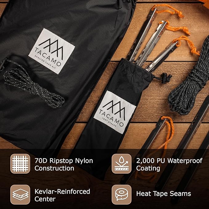 Bushcrafter Waterproof Camping Tarp - Lieghweight, Durable, Reflective Shelter Tarp or Rain Fly - Camping Essentials for Hiking, Bushcraft & Hammock, 8 x 8 ft, Black, TAC-STP101-BK