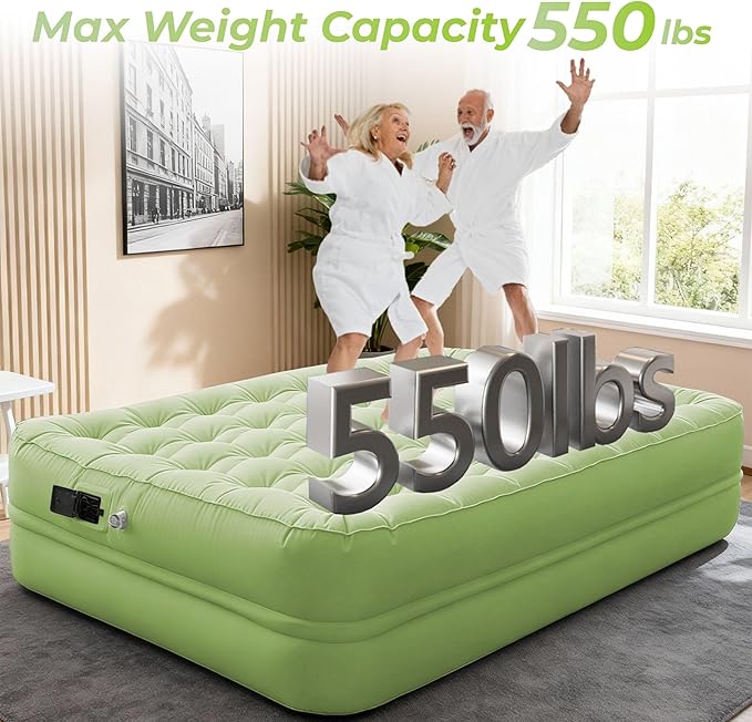 Queen Air Mattress with Built-in Battery Pump, All Luxury Cooling Pongee Fabric Material, Waterproof & Leakproof Air Mattress Queen, Portable Foldable Guest Bed (18", Green)