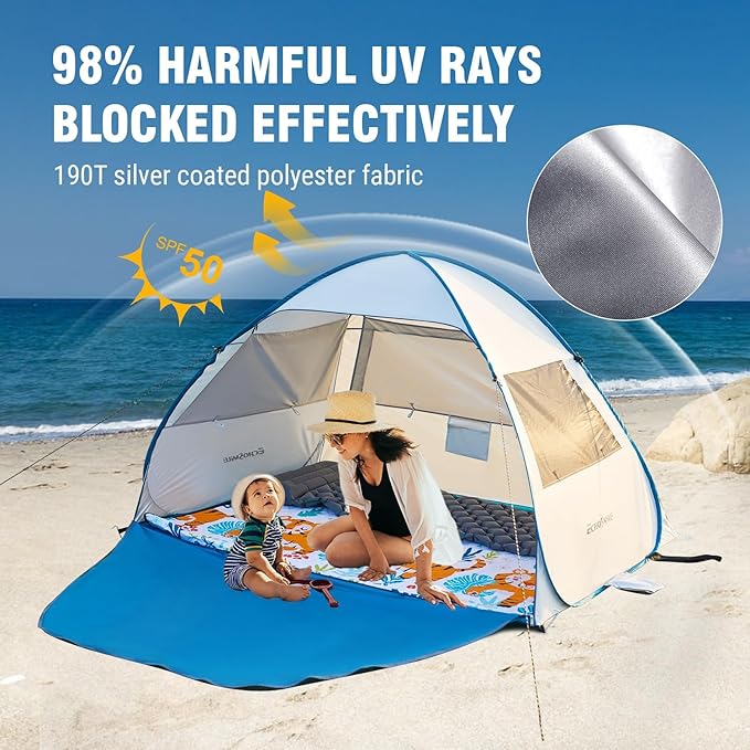 EchoSmile Pop Up Beach Tent for 4 Person Family, UPF 50+ Sun Shelter & Waterproof Beach Shade for Kids, Automatic Easy Setup Portable Cabana for Outdoor Travel（Light Blue）