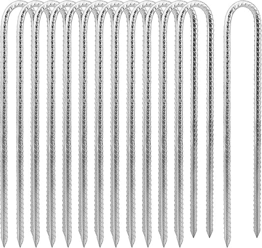 12 Pack 12 Inch U Shaped Rebar Stakes, Silver U Rebar Hook Ground Pegs, Trampoline Wind Anchors Stakes for Camping Tents