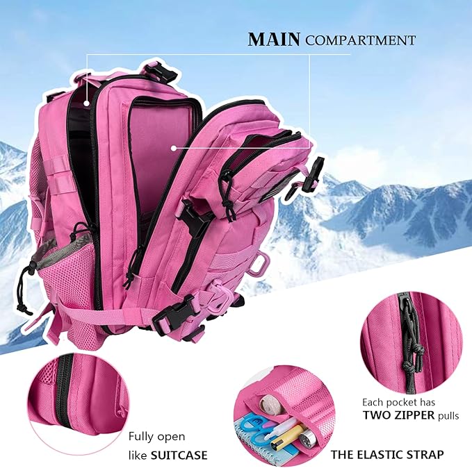 30L MOLLE Assault Pack, Tactical Backpack Military Army Camping Rucksack with Bottle Holder, 3-Day Pack, Pink