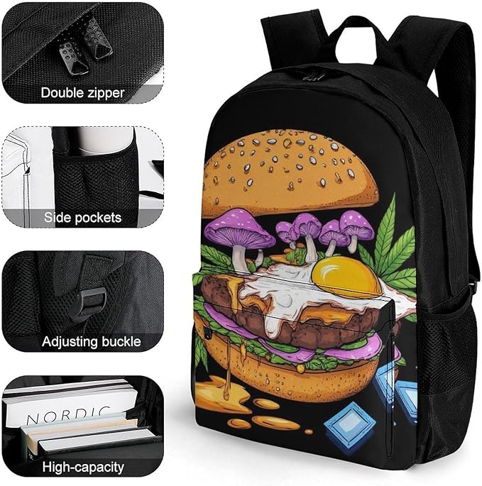 Daypack Backpack Anti-Theft Multipurpose Big Capacity Bookbag, Mushrooms Trippy Hamburger Art Business Computer Bag With Side Pockets