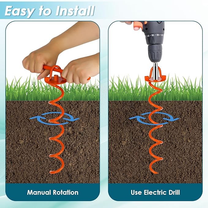 FEED GARDEN 16 Inch Spiral Ground Anchors Heavy Duty Screw in Spiral Stakes, 4 Pack Folding Ring Ground Stakes for Securing Dogs,Tents, Trampolines, Canopies, Swing Sets, Orange
