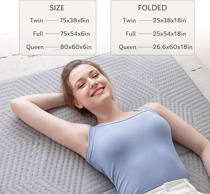 Tri-Fold Memory Foam Mattress, 6 inch Full Folding Topper with Collapsible and Washable Cover, Travel and Guest Mat, 75"×54"×6", Grey