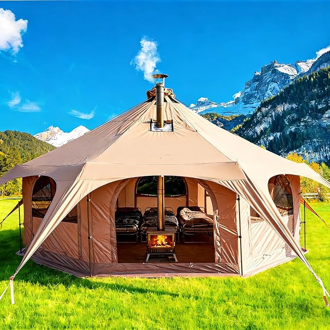 4.5M Cotton Canvas Bell Tent - Yurts with Stove Jack, Oxford Bell Tent for Camping, Yurts Breathable and Windproof, Glamping for Up to 15 Person Family Camping, with 8 Mesh Windows & Removable Floor