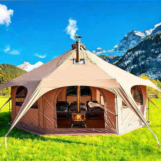 4.5M Cotton Canvas Bell Tent - Yurts with Stove Jack, Oxford Bell Tent for Camping, Yurts Breathable and Windproof, Glamping for Up to 15 Person Family Camping, with 8 Mesh Windows & Removable Floor