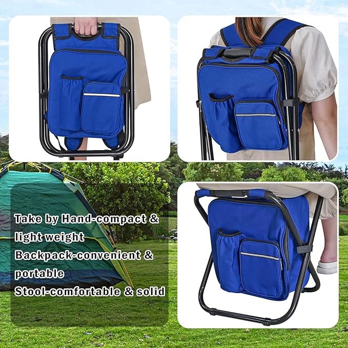 Kikerike Backpack Stool Cooler Chair Heavy Duty 300 LBS Max Load Portable Lightweight Stool Backpack Folding Fishing Cooler Seat for Camping Hunting Fishing - Dark Blue