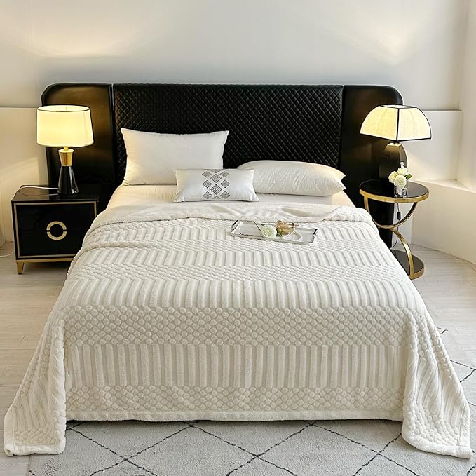 UKELER Striped Bed Blanket 80 × 90 inch, Ultra Soft Queen Size Throw Blankets for All Season, Cozy Plush Sherpa Fleece Blanket for Bedroom Living Room Dorm Hostel Sofa Camping, Off White