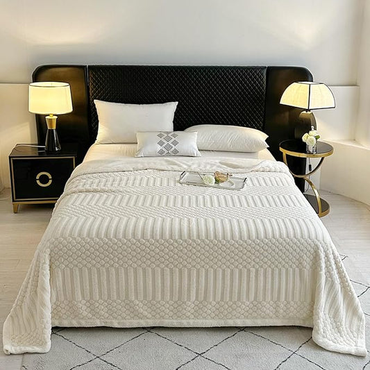 UKELER Striped Bed Blanket 80 × 90 inch, Ultra Soft Queen Size Throw Blankets for All Season, Cozy Plush Sherpa Fleece Blanket for Bedroom Living Room Dorm Hostel Sofa Camping, Off White