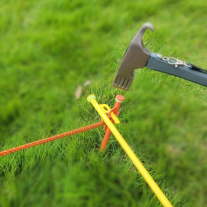 8 PCS Tent Stakes & Hammer Kit， Heavy Duty Metal Tent Pegs for Camping Steel Tent Stakes(Orange)