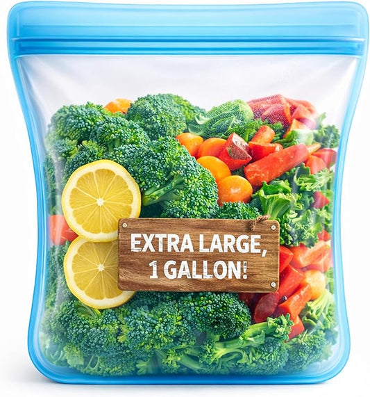 135oz. XXL Reusable Silicone Bag - 1 Gallon Freezer Bags for Food Storage, Meal Prep, Zero Waste, Kitchen Organization, Sous Vide, and Freezer Safe Containers (Extra Large, Blue)
