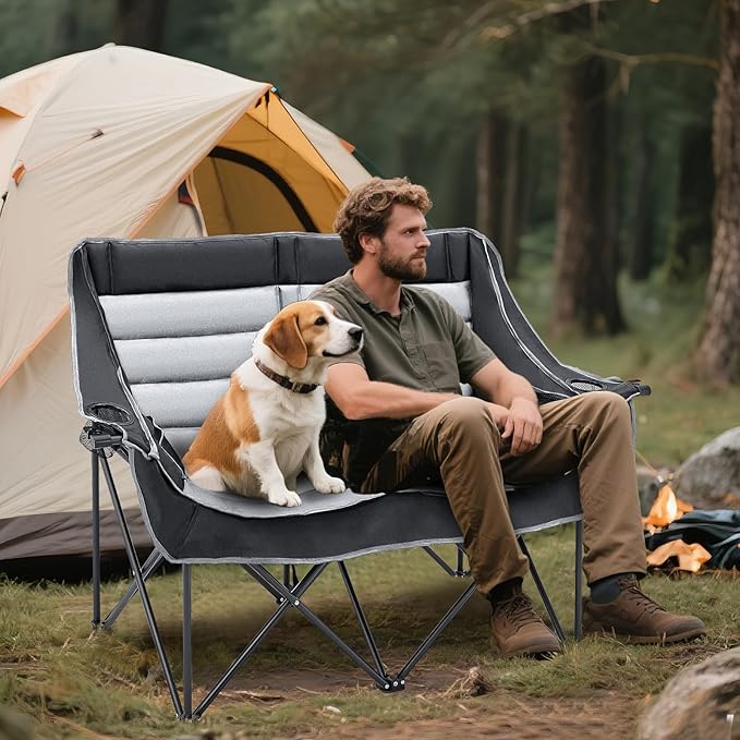 DoCred Double Camping Chair - Oversized Loveseat, 2 Person Camping Chair for Adults Heavy Duty,Two Person Folding Chair with Cup Holder, Supports up to 500 LBS for Outside Picnic Beach Travel