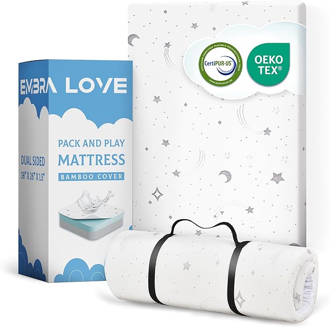 Pack n Play Mattresses (38"x26"x1.5") Bamboo Cover,Breathable,%100 Waterproof,Non-Toxic,Washable I Dual-Sided Gel Memory Foam I Toddler&Baby Pack and Play Mattress Pad Fits Playard&Playpen
