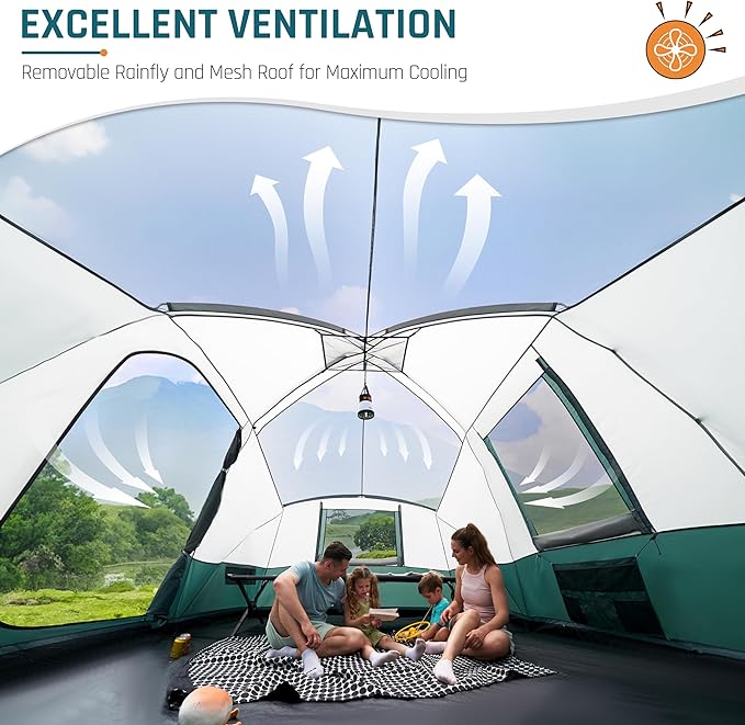 8/10/11 Person Camping Tent with Porch, Large Family Tents for Camping, PU1000MM Waterproof Tent with 5 Mesh Windows, Removable Rainfly, Reflective Windproof Rope, Big Dome Tent Fits 3 Queen Airbeds