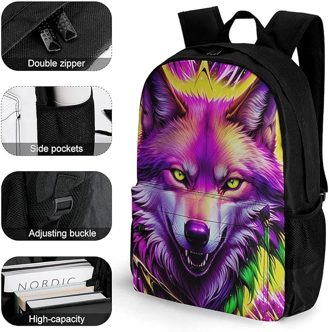 Supdreamc Backpack Anti-Theft Multipurpose Large Capacity Carry On Bag, Cool Red And Yellow Light Wolf Art Camping Outdoor Backpack With Side Pockets