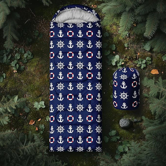 AILONEN Boys Sleeping Bag for Camping,Nautical Anchor,Lightweight & Waterproof,3 Season Warm & Cool Weather,Navy Blue Sleeping Bags for Kids Men Travelling,Outdoors