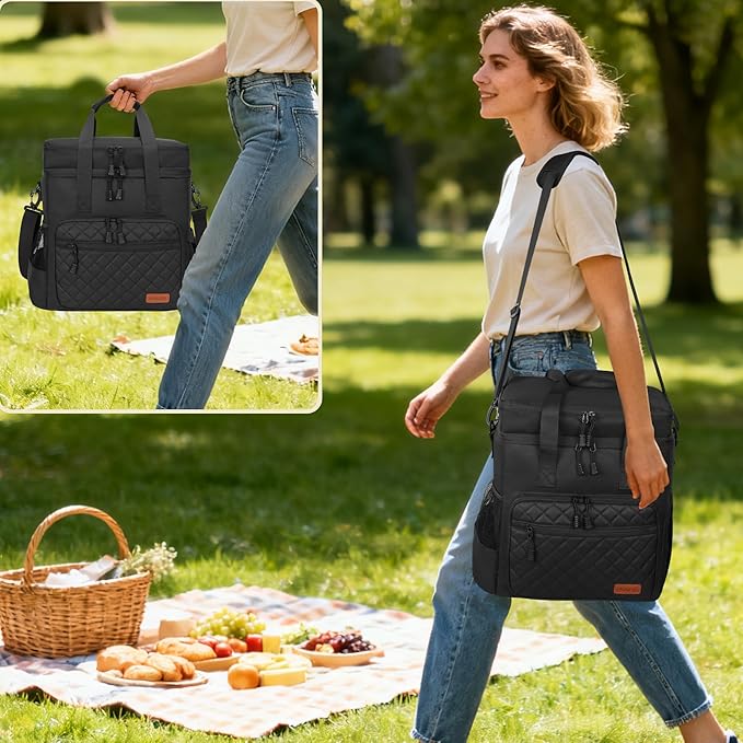 31L Large Insulated Cooler Bag for Men or Women, Double Layer Soft Cooler Bag for Picnic, Camping, Beach, Travel, Food & Drinks, Black