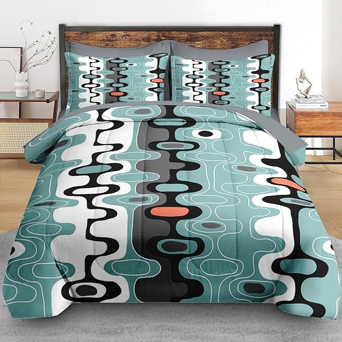 Comforter Set Full Size, Mid Century Retro Stripe 7 Pcs Bedding for Kids and Adults, Vintage Geometric Cool Bed Sheet Sets with Fitted Sheet 2 Pillowcases & 2 Shams for Bedroom Bed Decor