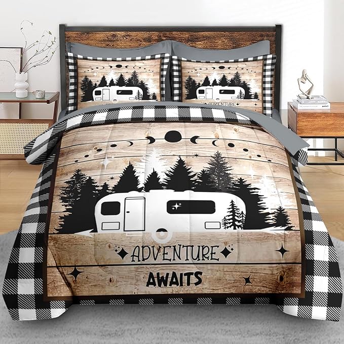 Comforter Set King Size, Camping Camper Rv 7 Pcs Bedding for Kids and Adults, Car Family Bed Sheet Sets with Fitted Sheet 2 Pillowcases & 2 Shams for Bedroom Bed Decor