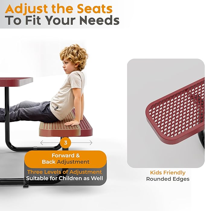 Metal Picnic Furniture for Outdoors with Umbrella Hole - Coated Steel Heavy Duty Commercial Grade Table with Adjustable Seats, Patio Set for a Lifetime (Red, 6' Rectangular)