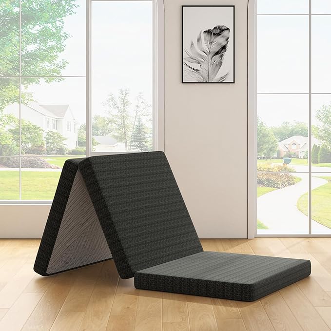 6 Inch Gel Memory Foam Mattress Twin Size, Portable Tri-Folding Mattress with Washable Cover, for Guest Bed, Camping, Travel, Dormitory, Black