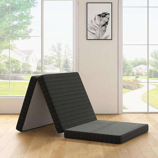 4 Inch Gel Memory Foam Mattress Single Size, Portable Tri-Folding Mattress with Washable Cover, for Guest Bed, Camping, Travel, Dormitory, Black