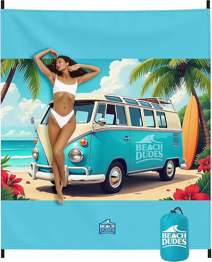 Sandproof Waterproof Beach Blanket Extra Large 108"x 84", Mat for Family, Quick Dry Ripstop Nylon Lightweight, Compact for Travel, Picnic, Camping w/ 4 Anchor Stakes and Carry Bag