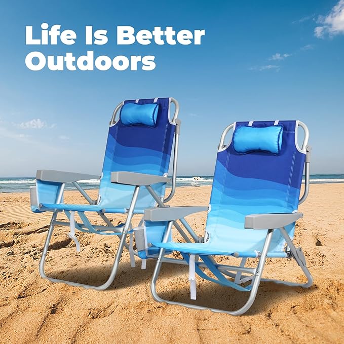 Low Beach Chairs for Adults - 5-Position Lay-Flat Backpack Chair with Large Insulated Cooler & Storage Pocket, Aluminum Frame, Portable for Travel & Outdoor, Supports 300lbs, Wave Blue