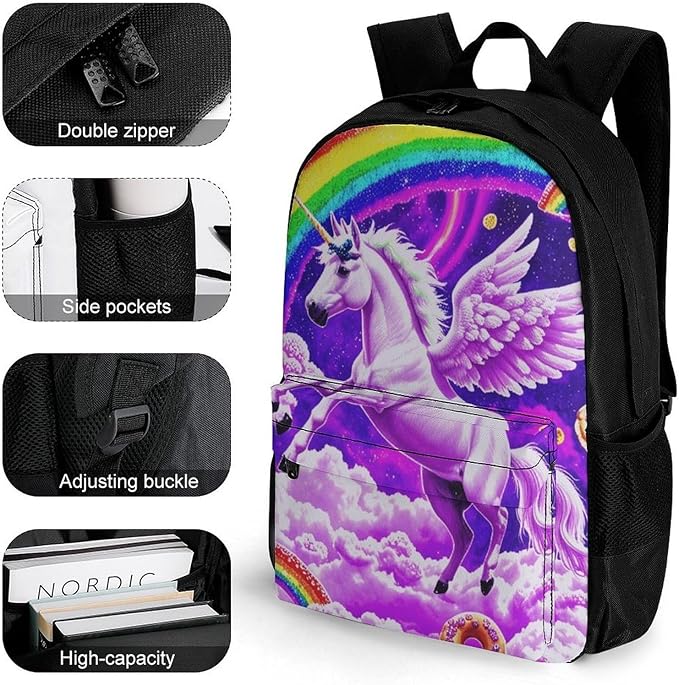 Supdreamc Men Women Polyester Rainbow Unicorn Random Space Galaxy Donuts Daypack Big Capacity Shoulder Bag With Smooth Zippers for Hiking Work Walking Cycling
