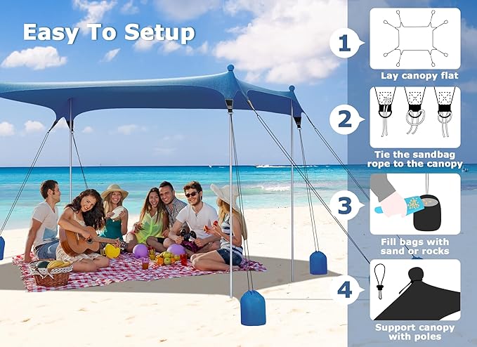 Gorich Beach Tent Sun Shelter with 8 Sandbags, UPF50+ Protection & Windproof Pop Up Beach Canopy Tent Sun Shade for Family, Travel & Camping, Easy Setup Canopy Umbrella