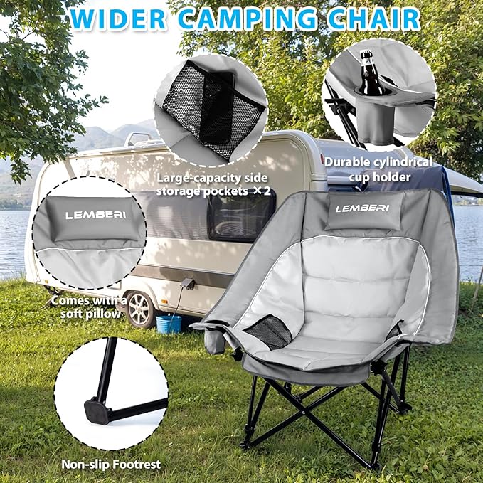 Oversized Folding Camping Chair, Portable Outdoor Folding Chairs with Headrest Support,Cup Holder,Heavy Duty Camping Chairs for Adults,Beach, Fishing,Camping, Sports,up to 500 LBS,2PC
