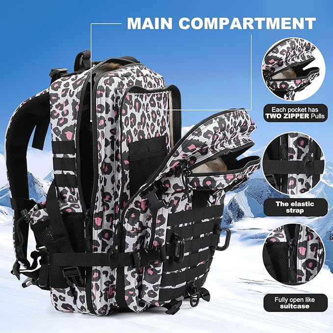 45L MOLLE Assault Backpack, Tactical Backpack Military Army Camping Rucksack with Bottle Holder, 3-Day Pack Trip w/USA Flag Patch, D-Rings, Leopard