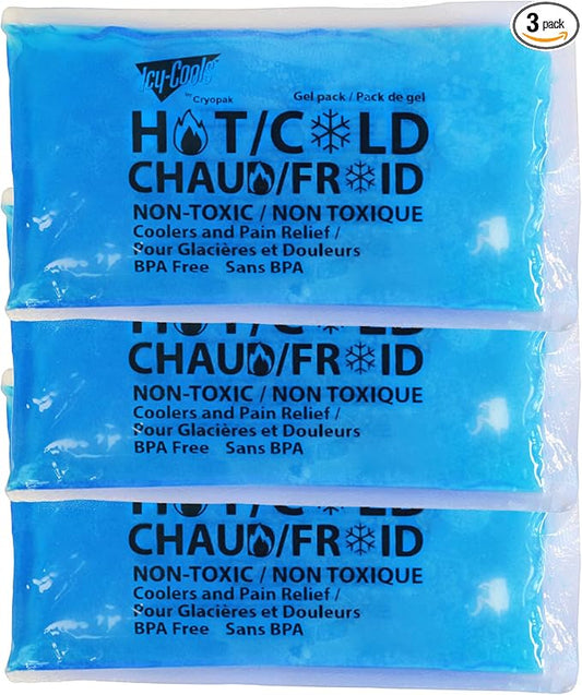 ICY-COOLS 3 Pack Reusable Hot or Cold Gel Ice Packs for Injuries, Multipurpose Ice Packs for Lunch Boxes, Long-Lasting Cold Therapy for Pain Relief, 4 x 8 Inches (Blue)
