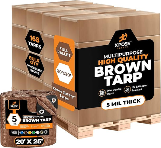 Multipurpose Protective Cover Brown Poly Tarp 20' x 30' - Bulk Full Pallet (168 Pack) Durable, Water Resistant, Weather Resistant - 5 Mil Thick Polyethylene - by Xpose Safety