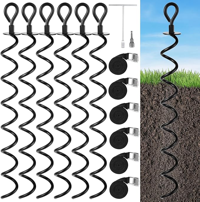 Trampoline Stakes 6 Pack, Spiral Ground Anchors Screw in, Swing Set Anchors, Earth Anchor Ground Stakes Heavy Duty with Straps for CarPorts, Sheds, Tents, Swing Sets, Camping, Mobile Home