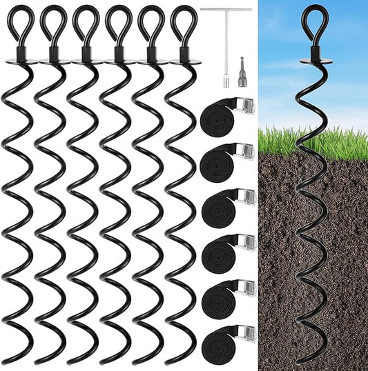 Trampoline Stakes 6 Pack, Spiral Ground Anchors Screw in, Swing Set Anchors, Earth Anchor Ground Stakes Heavy Duty with Straps for CarPorts, Sheds, Tents, Swing Sets, Camping, Mobile Home