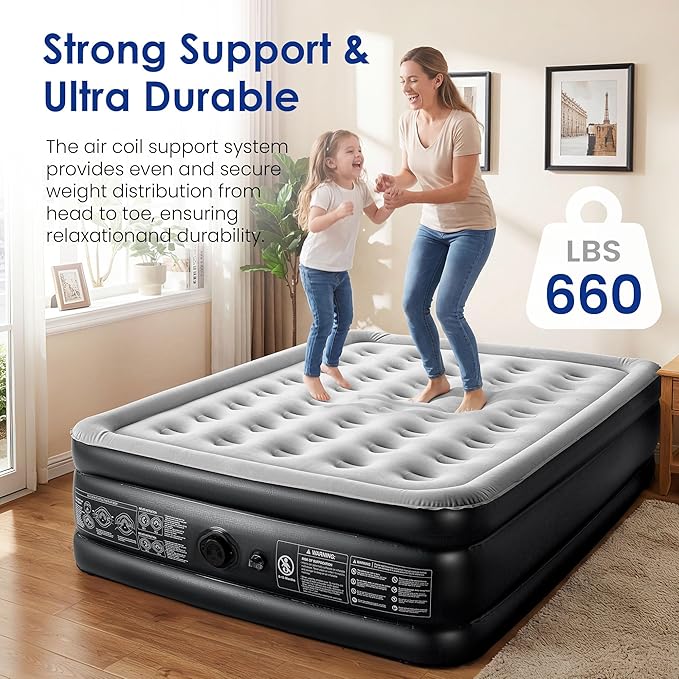Camping Air Mattress Queen with Built in Pump 18" Thickness 660lbs Heavy Duty Comfortable Blow up Air Mattress with Carry Bag Inflatable Foldable Flocked Top Air Bed for Travel, Home (Black & Grey)
