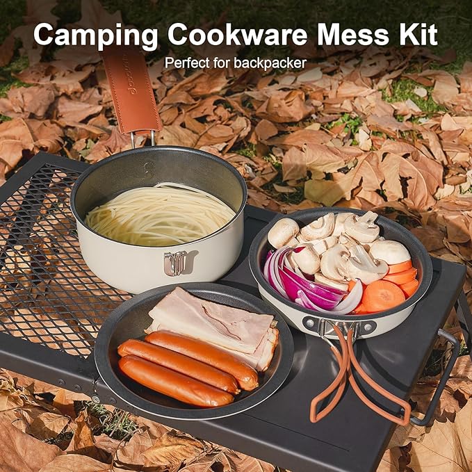 Odoland 10pcs Camping Cookware Non-Stick Camping Pot and Pan Set with Plate Bowl Fork Knife Spoon for Backpacking, Hiking, Outdoor Cooking and Picnic
