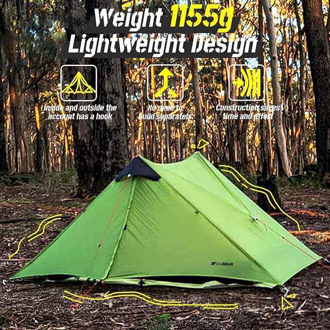 3F UL GEAR Lanshan 2 Person Tent Hiking Ultralight Camping Tent Professional 15D Silnylon Rodless Trekking Pole Tent Waterproof Backpacking Outdoor for Camping, Bivvy