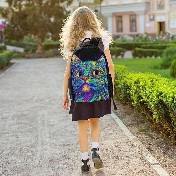 Daypack Bookbag Multipurpose Anti-Theft Big Capacity Carry On Bag, Colorful Trippy Cat Travel Hiking Camping Rucksack With Padded Straps