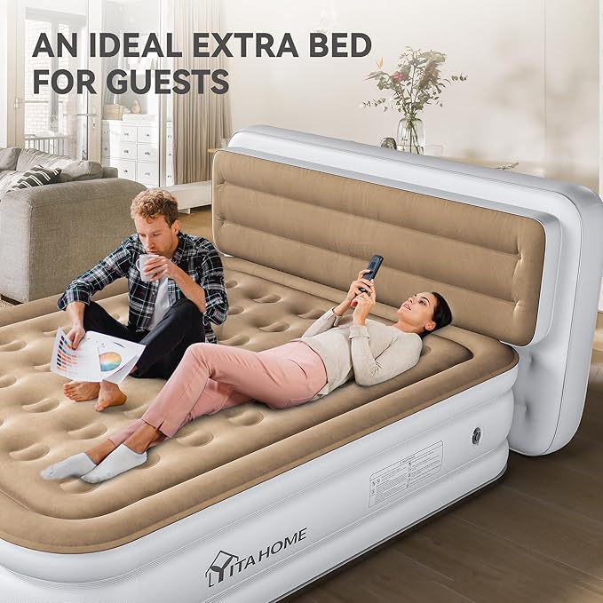 YITAHOME Queen Size Air Mattress with Pump and Banded Headboard, 18in Luxury Flocked Top Blow up Mattress, Durable Inflatable Mattress for Home & Guests, Brown AirBed