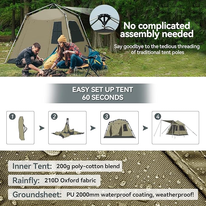 Instant Pop-Up Camping Tent with Removable Sunshade - 3-4 Person Dome Tent with UV Protection & Ventilation, Waterproof Windproof for Beach, Hiking, Outdoor.