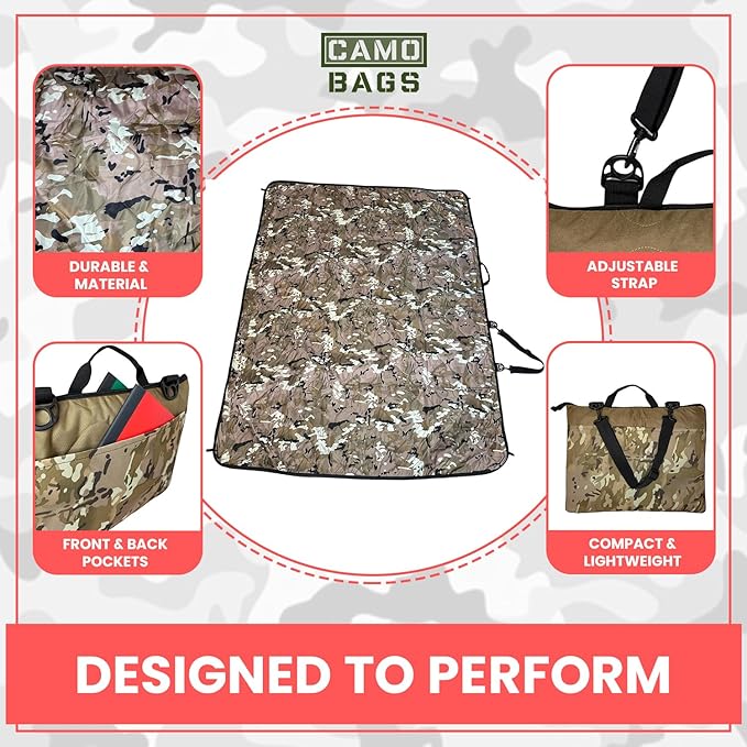 Outdoor Packable Camo Blanket - 1000D Polyester Interior & RIPSTOP Fabric Exterior Blanket with Adjustable & Removable Carrying Strap - Front, Back Storage Pocket - Ideal for Camping & Outdoor Use