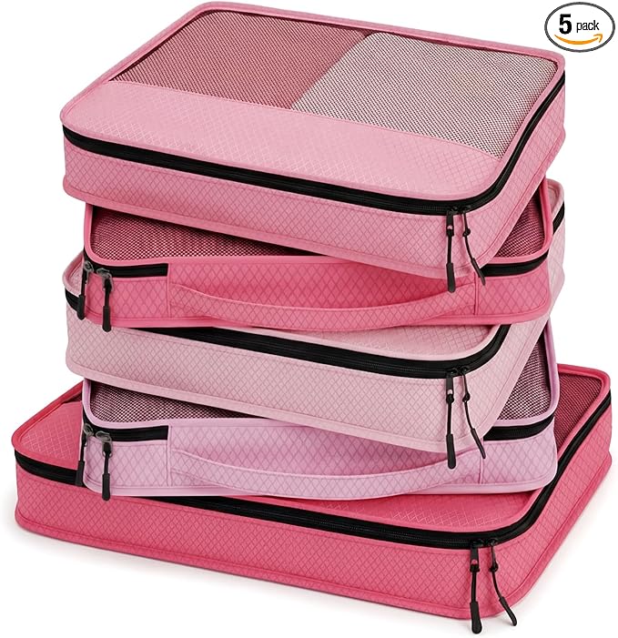 5 Pcs Packing Cubes for Suitcase Large Travel Cubes Carry on Luggage Organizer Bags for Clothes Accessories(Mixed,Pink)