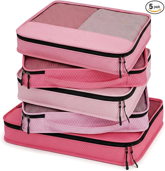 5 Pcs Packing Cubes for Suitcase Large Travel Cubes Carry on Luggage Organizer Bags for Clothes Accessories(Mixed,Pink)