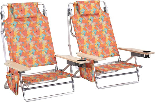 LET'S CAMP Backpack Beach Chair Set of 2, 5-Position Classic Lay Flat, Insulated Cooler Bag, Cup Holder, Storage Pouch and Tower Bar, Support 250LBS, Camo