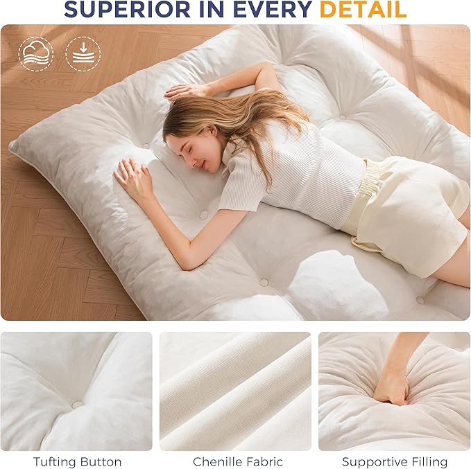 MAXYOYO Floor Mattress Full Size, 6" Chenille Japanese Futon Mattress Foldable Floor Bed for Adults Tufted Roll Up Floor Couch Bed, Tatami Mat Sleeping Pad for Living Room, Bedroom, Beige