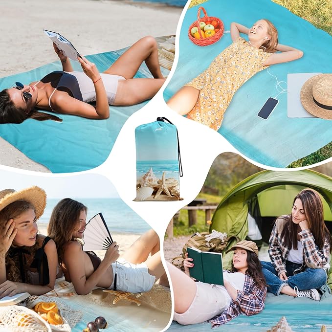 Beach Blanket Waterproof Sandproof, Shells Oversized Extra Large Picnic Mat 83"×95"/8 × 7 FT for 1-7 Adults for Travel Camping Hiking, Quick Drying Lightweight Outdoor Beach Vacation Essentials